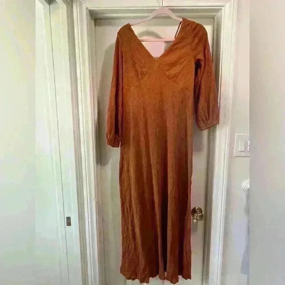 NEW FREE PEOPLE FP BEACH Sz LARGE AMALFI LONG SLEEVE V NECK MAXI DRESS - Picture 3 of 8